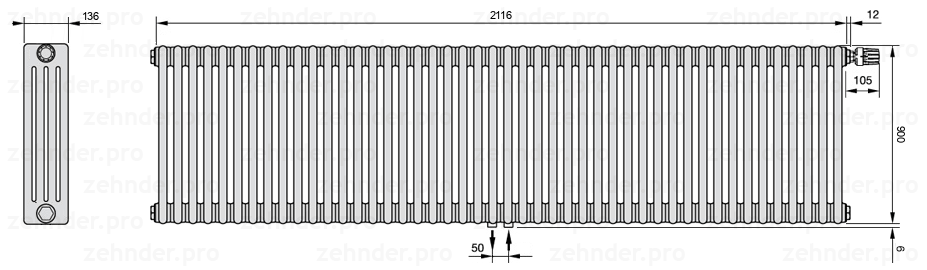 Схема (чертеж) Радиатор Zehnder Charleston 4090/46 №V008 Белый глянцевый RAL 9016